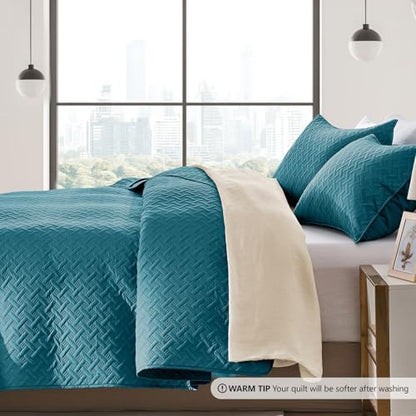 FLYMME Quilts King Size,Lightweight Teal Bedspreads,Basket Weave Pattern,Ultra Soft Microfiber Bed Coverlet 3 Pieces for All-Seasons (1 Quilt,2 Pillow Shams)
