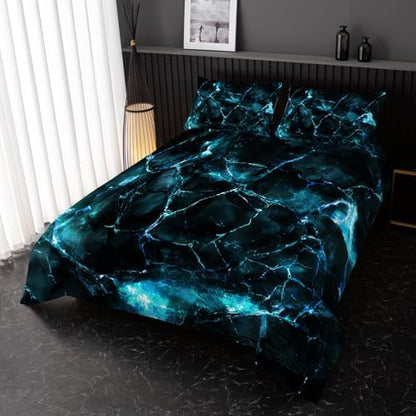 Nttopship Blue Comforter Set King Size，Blue Marble Bedding Set 3 Pcs Bedding for Adults, Marble Room Decor with Comforter and 2 Pillowcases Soft and Lightweight B-Side Black