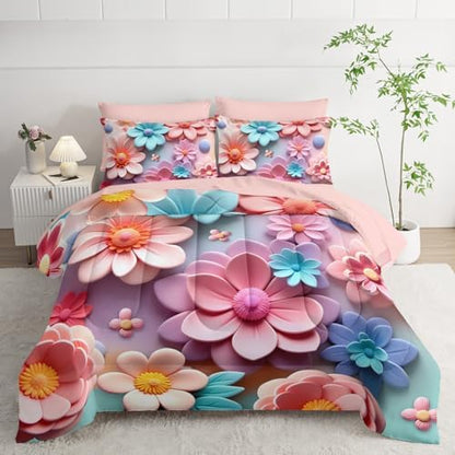 Pink Floral Comforter Set Queen Size Bed 7 Piece，Quilt Queen Size Bedding Set 7 Piece Farmhouse Blue Floral，(1 Comforter, 1 Flat Sheet, 1 Fitted Sheet, 2 Pillowcase and 2 Pillow Sham)