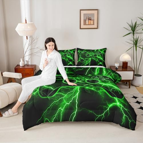 Erosebridal Gamer Comforter Set Gaming Girl Toddler Bedding Set, Video Game Console Comforter Green Lightning Quilt,Boys Bedroom Decor