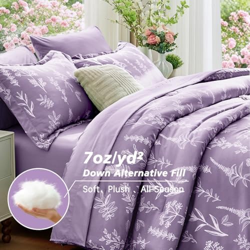 MUXHOMO Grayish Purple Bed in a Bag King 7 Pieces, King Comforter Set Reversible Botanical Flowers Design, Ultra Soft & Breathable Bedding Sets with Comforter, Sheets, Pillowcases & Shams