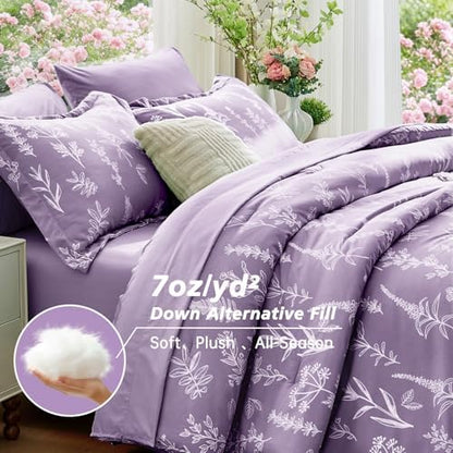 MUXHOMO Grayish Purple Bed in a Bag King 7 Pieces, King Comforter Set Reversible Botanical Flowers Design, Ultra Soft & Breathable Bedding Sets with Comforter, Sheets, Pillowcases & Shams