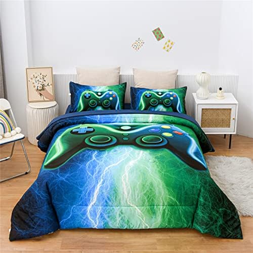 Meeting Story Gamer Gaming Bedding Sets Red Blue Lightnings Gamepad Comforter Set for Boys Games Console Action Buttons Novelty Colorful Modern Room Decor Home Quilt Set (Blue-Green, Full 5Pcs)