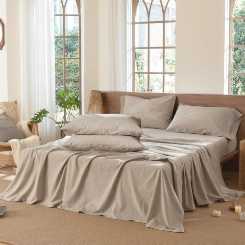 MooMee Sheet Set 100% Washed Cotton Linen-Like Extra Deep Pocket Queen