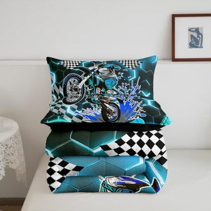 Erosebridal Racing Motorcycle Twin Comforter Set for Boys,Teal Neon Lights Honeycomb Bedding Set Dirt Bike Motocross Quilt Moto Extreme Sports Duvet Insert,Black White Lattice Buffalo Plaid Decor