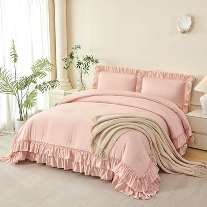 ANGIYUIN Blush Pink Full Size Comforter Sets Ruffle Girls Bed in A Bag
