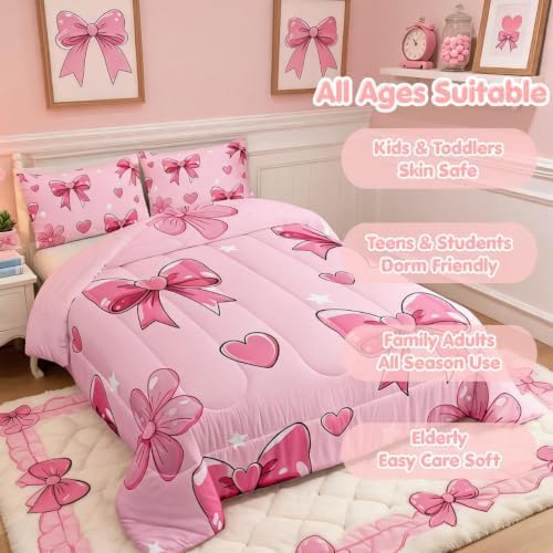 jejeloiu Pink Bow Kids Comforter Set King Size Bowknot Bedding Set Butterfly Bowknot Duvet Quilt for Kids Boys Girls Bedroom Pink Decor Microfiber Ultra Soft Breathable