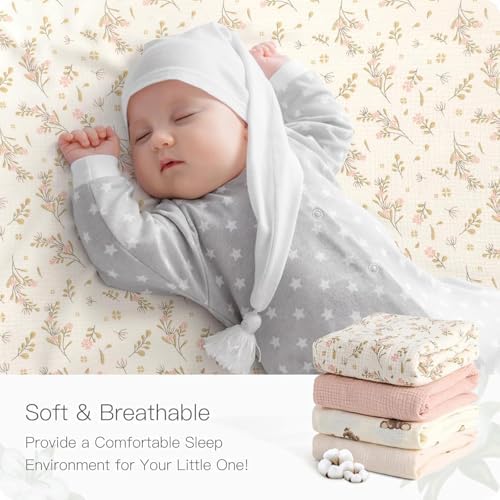 Organic Pack and Play Sheets Fitted 38”x26” 100% Muslin Cotton, Mini Crib Sheets Compatible with Graco/hiccapop/YENING/Dream On Me/Babylicious Pack N Play Mattress, Playard Bedding Sheet Bed Cover