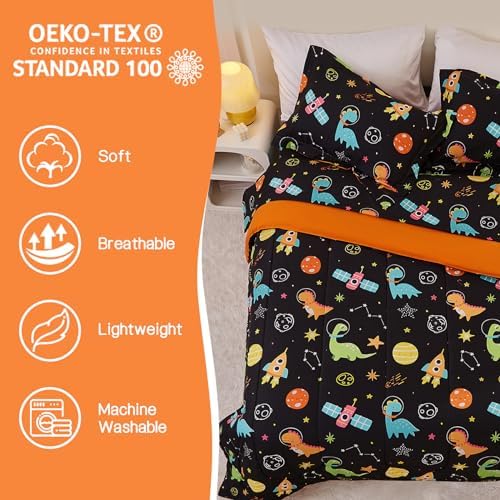 Yibeizi Kids Twin Bed Comforter for Boys Space Dinosaur Bedding Sets
