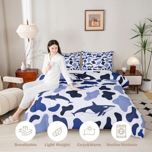 Manfei Sea Animal Camo Comforter Set Queen Size,Sharks and Whales Camouflage Bedding Set 3pcs,Blue Ocean Camo Down Comforter for All Season,Kids Boys Girls Room Decor,2 Pillowcases,No Sheets