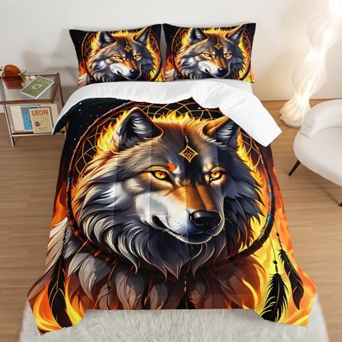 Wolf Comforter Set Full Size,Dreamcatcher Flame Print Bedding Set for Kids Boys Room Decor,Boho Animal Themed Bedding Soft Lightweight Comforter Sets with 2 Pillowcases.