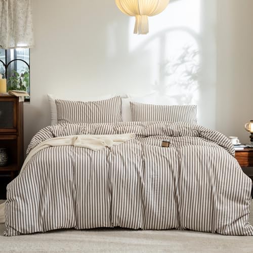 FOSSA Striped Duvet Cover Set 100% Washed Cotton Linen Feel Twin