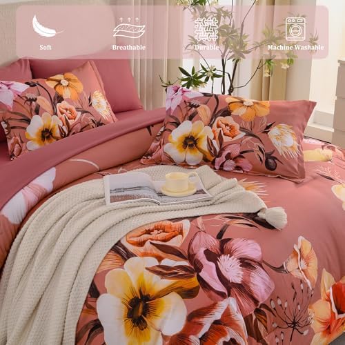 Luxudecor Floral Comforter Set Queen Size 7 Piece, Dusty Flower Bed in a Bag, Elegant Floral Comforter Bed Set with Sheet Set, Soft Microfiber Bedding Set for All Season (90"x90")