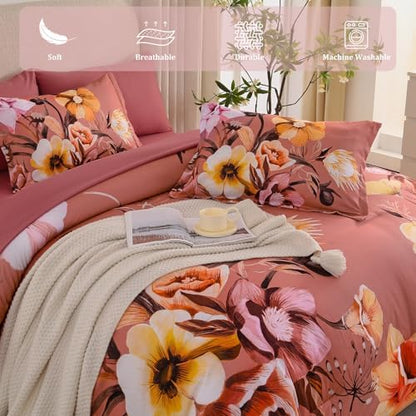 Luxudecor Floral Comforter Set Queen Size 7 Piece, Dusty Flower Bed in a Bag, Elegant Floral Comforter Bed Set with Sheet Set, Soft Microfiber Bedding Set for All Season (90"x90")