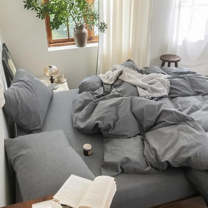 FOSSA Duvet Cover Set 100% Washed Cotton Linen Feel Queen