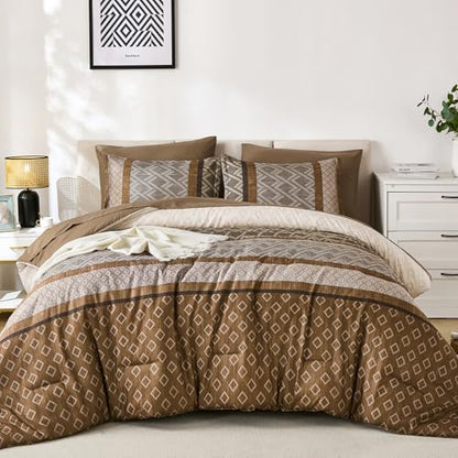 Cottolester Boho Queen Comforter Set,Khaki and Brown Striped Bed in a Bag