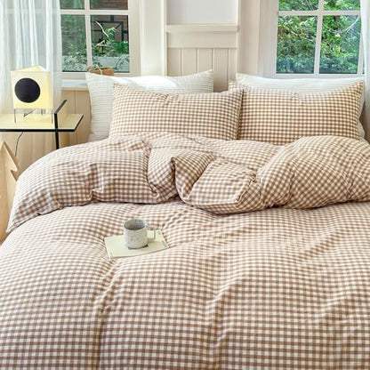 LifeTB Queen Comforter Set Tan Gingham Comforter Modern Style Beige Plaid Comforter Set 3 Pieces Fluffy Grid Checkered Comforter with 2 Pillowcases Boho Gingham Bedding Set Queen Size