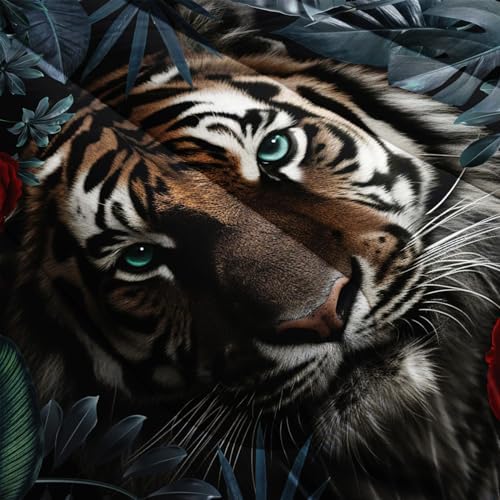 Nttopship Tiger Comforter Set Twin Size，Red Rose Tiger Bedding Set for Kids,Wild Animal Printed Bed Sets，Kids Room Decor with 1 Comforter with 2 Pillow Case