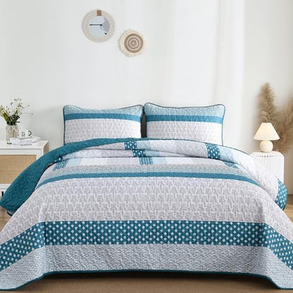 WONGS BEDDING Teal Blue Queen Size Quilt Set, Boho Striped Bedspread