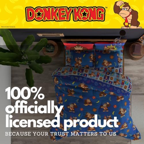 Franco Nintendo Donkey Kong Gaming Bedding 7 Piece Super Soft Reversible Comforter and Sheet Set with Sham, Queen, (Officially Licensed Product)
