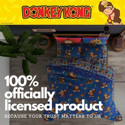 Franco Nintendo Donkey Kong Gaming Bedding 7 Piece Super Soft Reversible Comforter and Sheet Set with Sham, Queen, (Officially Licensed Product)