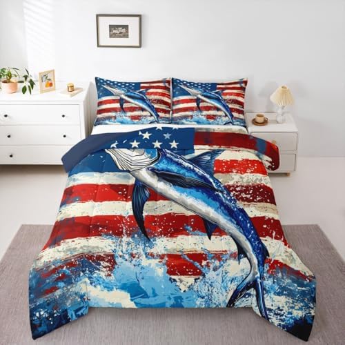 Marlin Swordfish Comforter Set Boys American Flag Bedding Set, Hunting and Fishing Comforter for Kids Teens Adult Bedroom Marine Life Ocean Animal Down Comforter with 2 Pillow Cases, Blue Red, King
