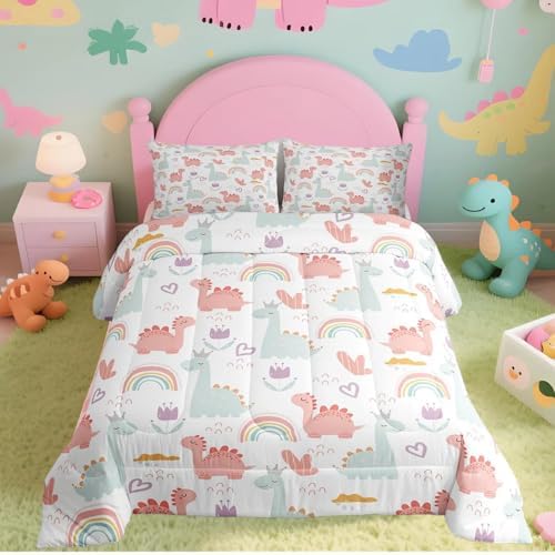 Feelyou Cartoon Dino Comforter Set Queen, Pink Green Dinosaur Comforter Cute Jungle Dino Comforter Set for Kids Boys Girls Cute Rainbow Duvet Set Microfiber Quilt Set