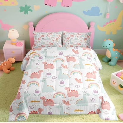 Feelyou Cartoon Dino Comforter Set Full, Pink Green Dinosaur Comforter Cute Jungle Dino Comforter Set for Kids Boys Girls Cute Rainbow Duvet Set Microfiber Quilt Set