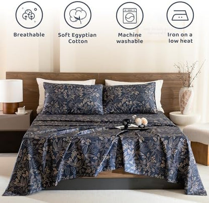 QSH Floral Egyptian Cotton Sheets Queen Size - Elegant Navy Botanical Pattern Printed Bedding Sheets Queen Size Bed Extra Soft and Breathable 4pcs Deep Pockets Bed Sheets
