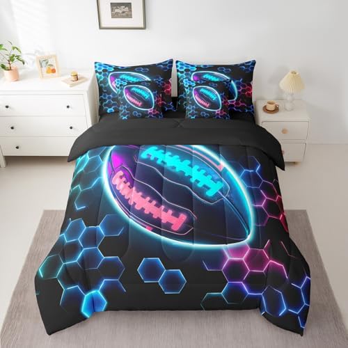 Erosebridal Rugby Sports Comforter Sets with Sheets - Football Bedding Set Queen for Boys Girls Honeycomb Hexagon 7Pcs Bed in A Bag, Colorful Neon Lights Bed Set