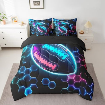 Erosebridal Rugby Sports Comforter Sets with Sheets - Football Bedding Set Queen for Boys Girls Honeycomb Hexagon 7Pcs Bed in A Bag, Colorful Neon Lights Bed Set