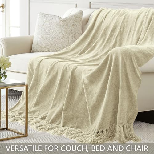 Chenille Throw Blanket for Couch 60" x 80" Twin, Light Beige