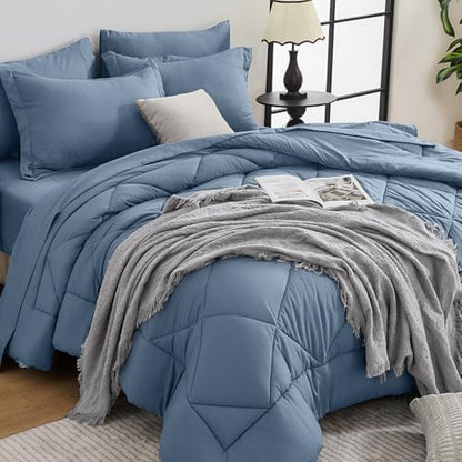 HEVUMYI 7-Piece Full Comforter Set, Dusty Blue Bed in a Bag
