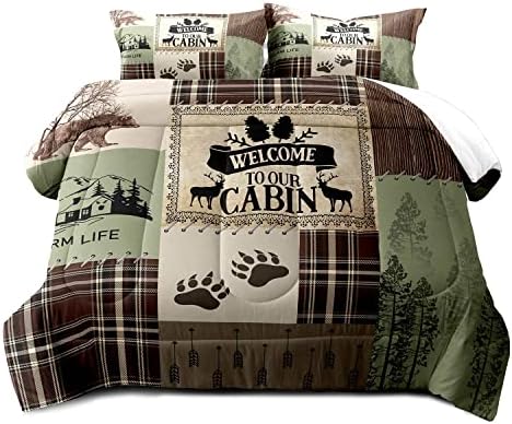 LUVIVIHOME 2PCS Farmhouse Comforter Set Twin Size, Brown Plaid Patchwork Sage Green Quilt, Bear Deer Elk Moose Woodland Forest Animal Hunting Wildlife Lodge Country Rustic Cabin Bedding, 1 Pillow Sham