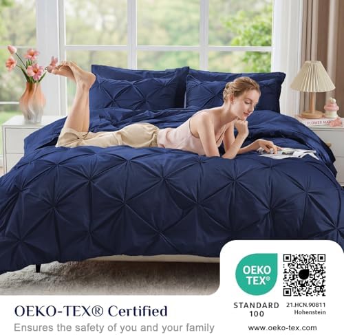 JOLLYVOGUE Queen Comforter Set 7 Pieces - Bed in a Bag Queen for All Season, Pintuck Bedding Comforter Sets with Comforter, Flat Sheet, Fitted Sheet and Pillowcases & Shams, Navy