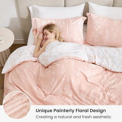 Love's cabin Dusty Rose Pink King Size Comforter Set - King Comforter Set, 3 Pieces Cute Floral Bedding Sets for All Seasons,1 Soft Reversible Botanical Flowers Comforter and 2 Pillow Shams