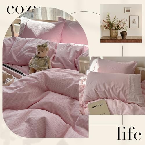 mixinni Pink Gingham Duvet Cover Twin Size - 3 Piece Cottagecore Plaid Bedding Set with Lace Trim, Soft Washed Microfiber Vintage Aesthetic Grid Comforter Cover & Pillow Shams, (Pink White Gingham)