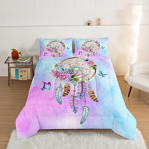 HOSIMA Boho Bedding Dream Catcher Comforter for Queen Size Bed with 2 Pillowcases,Butterfly Bed Set Room Decor for Teen Girls,Feather Floral Bedding Queen Comforter Sets for Adults Kids.