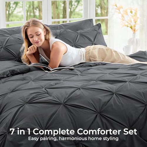 Sasttie California King Comforter Set, 7-Piece Bed in a Bag, Pintuck Bedding Sets for All Season, Includes Comforter, Flat Sheet, Fitted Sheet,Pillowcases and Pillowshams, Dark Grey