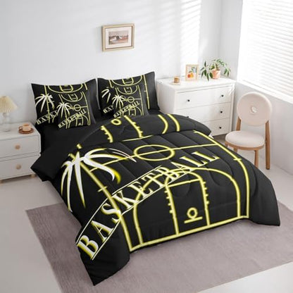 Sport Bedding Full Size 7-Piece Basketball Comforter Set for Boys, Black Yellow Bedding Comforter Sets Gold Gradient Neon Bed in a Bag, Sports Themed Bedding Accessories Breathable (Black Reversible)