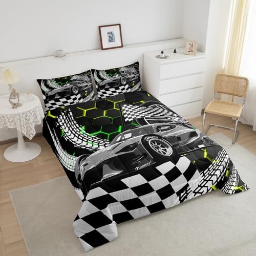 Race Cars Toddler Bedding Sets for Boys,Yellow Green Neon Lights Honeycomb Bedding Set Cool Sports Car Beehive Geometric Hexagon Comforter Set,Black White Lattice Quilt Buffalo Plaid Decor