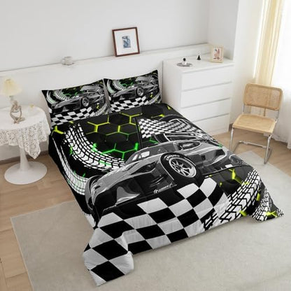 Toddler Race Car Bed for Boys,Yellow Green Neon Lights Honeycomb Twin Bedding Set Cool Sports Car Glitter Beehive Geometric Hexagon Comforter Set,Black White Grid Lattice Quilt Buffalo Plaid Decor