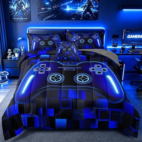 6 Pieces Boys Queen Size Gaming Comforter Set, Blue 3D Cool Video Game Controller Bed in a Bag with Sheets, Soft Lightweight Microfiber Gamer Bedding for Kids Teens, All Season Room Decor Queen52