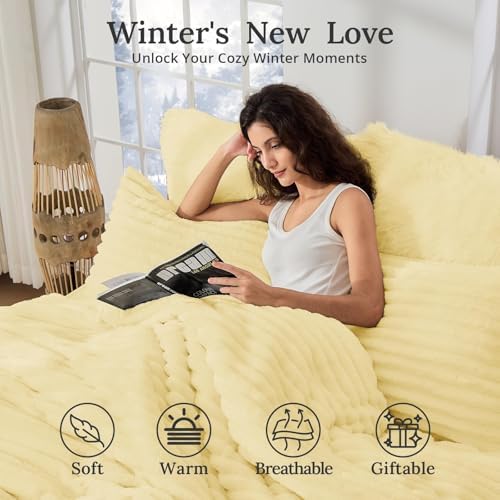 Sasttie Fluffy Cali King Comforter Set, 3 PC Fleece Bedding, Light Yellow