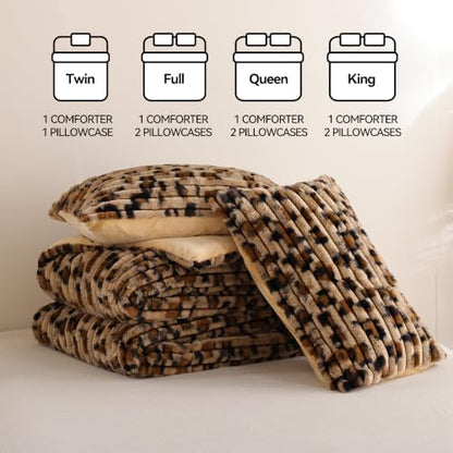 Smoofy Fluffy Full Size Comforter 3 PCS - Cheetah Brown Fleece Bedding Set