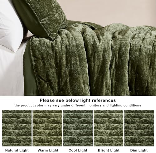 WDCOZY Cloud Soft King Size Quilt Set, Dark Olive Green Chenille Velvet
