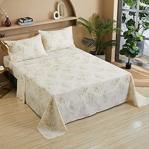 FADFAY Floral Leaves Bed Sheet Set King, Premium 100% Cotton 600 TC Green & Cream Flower Bedding Botanical Printed Farmhouse Super Soft Breathable Deep Pocket Fitted Sheet 4Pcs, King