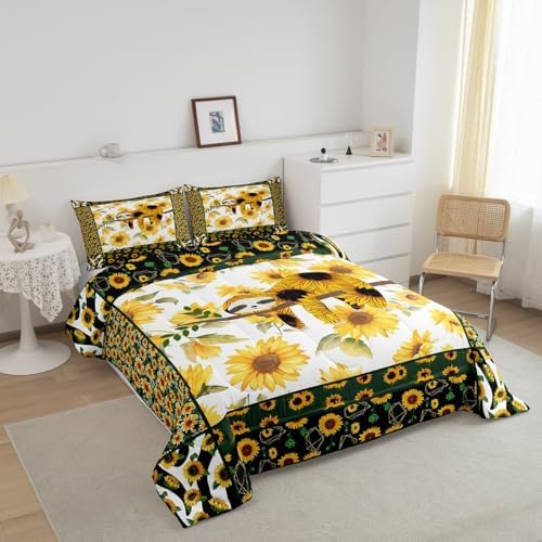 Manfei Cute Sloth Comforter Set King Size, Yellow Flower Quilt Set with 2 Pillowcases, Floral Animal Print Bedding Set 3pcs for Kids Boys Girls Bedroom Decor, Sunflower Sloth Duvet Set