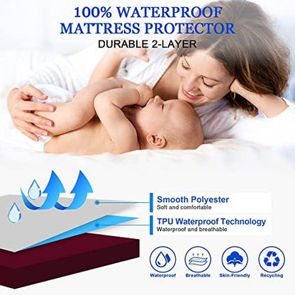 Sufdari Twin XL Mattress Protector,Waterproof Mattress Protector,Fitted Sheet Style Mattress Cover with 18" Deep Pocket,Washable and Comfortable-Deep Red,Twin XL