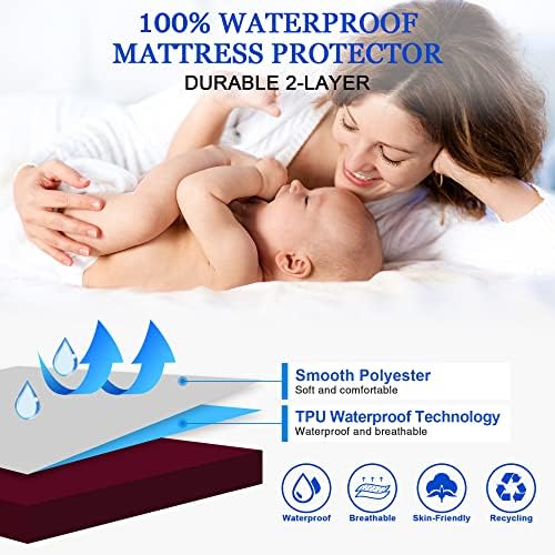 Sufdari Mattress Protector,Waterproof Mattress Cover Queen,18" Deep Pocket Mattress Protector,Fitted Sheet Style with Elastic Rubber Band,Washable and Easy Care-Dark red,Queen